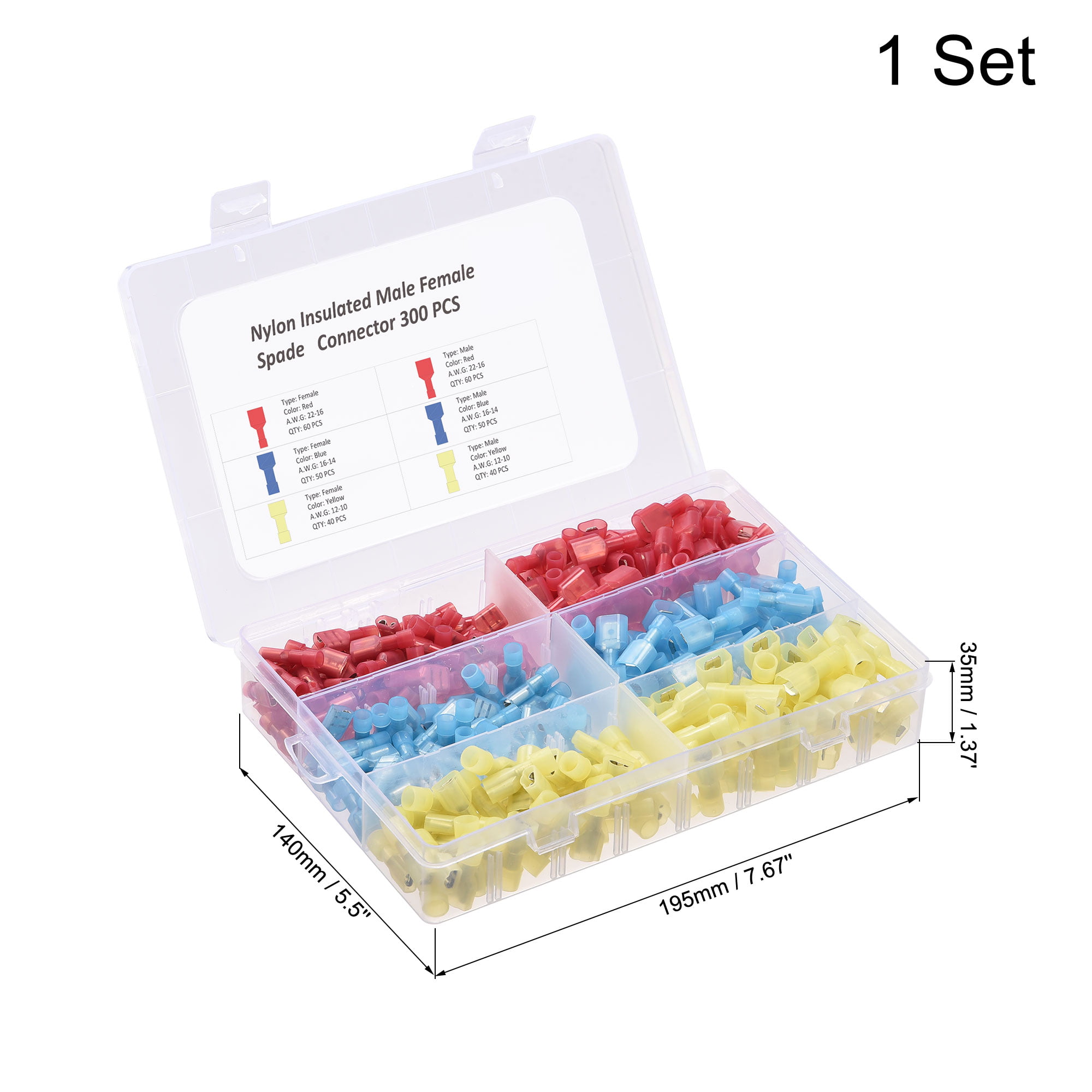 300Pcs Red Blue Yellow Insulated Terminal Spade Crimp Wire Connector Male&Female 