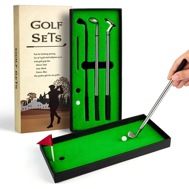 YOPTOP Golf Pen Set, Mini Desktop Golf Ball Pen Gift Set with Putting Green,Flag,3 Golf Clubs Pens & 2 Balls