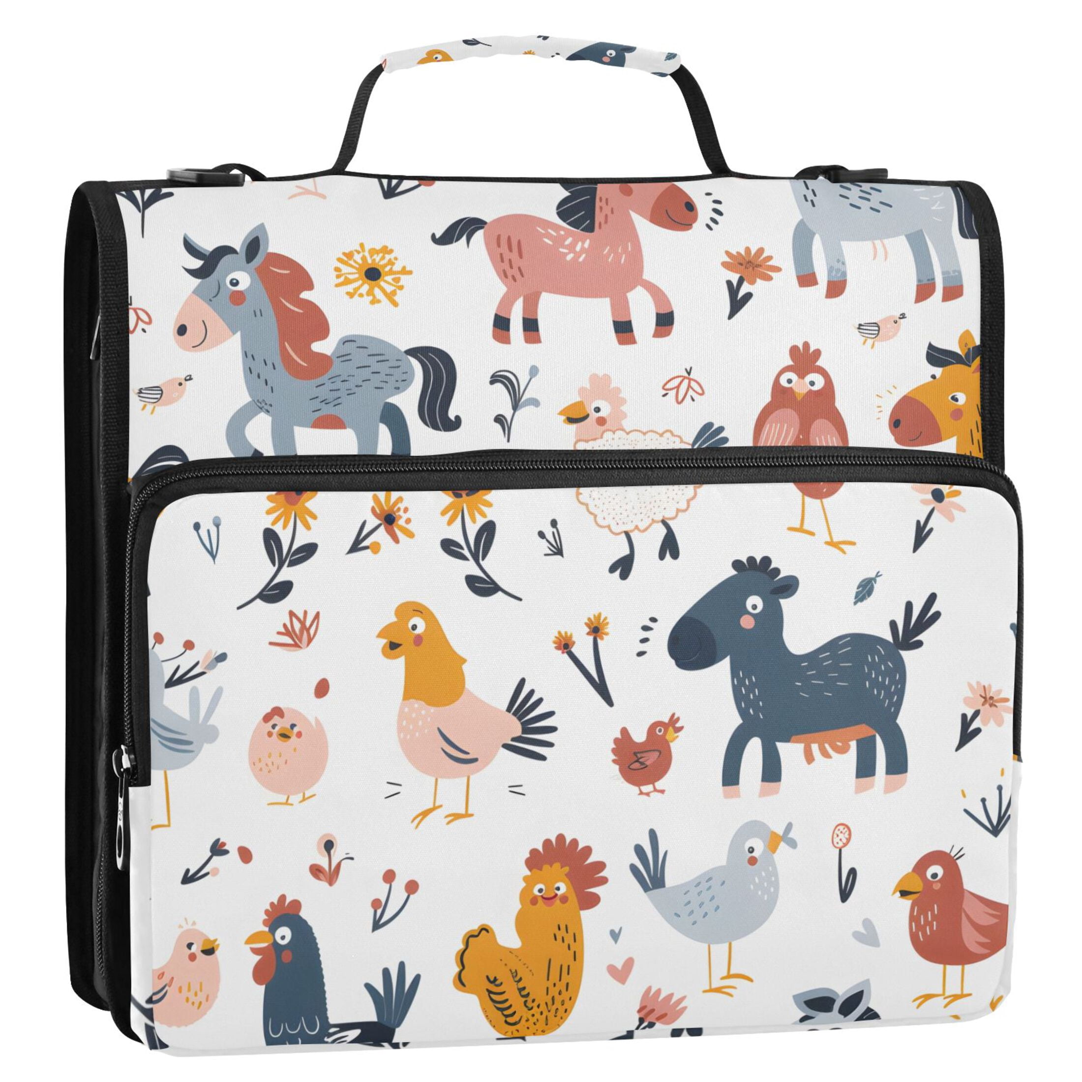 ALAZA Zipper Binder Cartoon Horse Chicken 3 Ring Trapper Keeper File Folder Organizer Bag