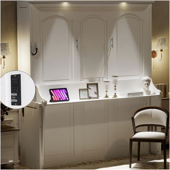 Queen Size Wall Bed with Desk & Built-In LED Lights, Space Saving Murphy Bed with USB Charging Ports, Modern White Finish for Home Office