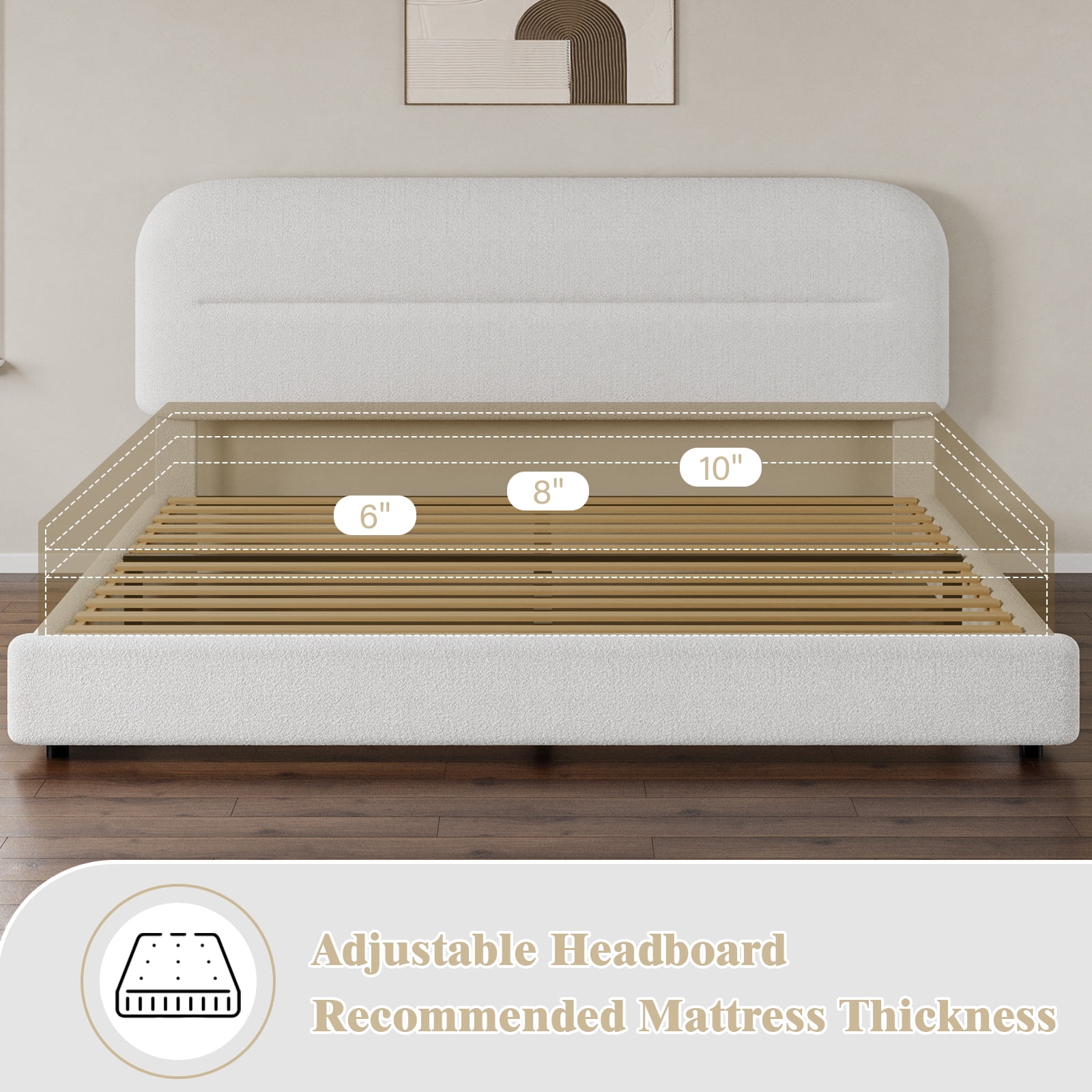 4 Ever Winner Modern Boucle Upholstered Queen Bed Frame with Headboard, Rounded Corners, No Box Spring Needed, White