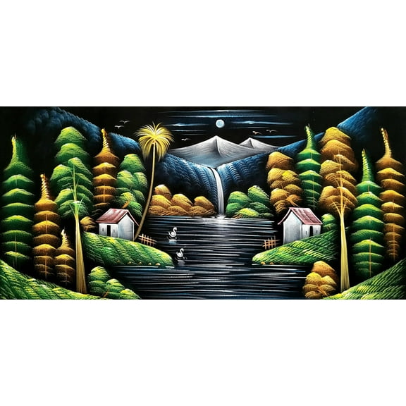 INSAIN Serene Mountain Retreat Handmade Velvet Painting (122x60 cm) | Fabric Painting | Big Wall Art | Home Decor (Unframed)