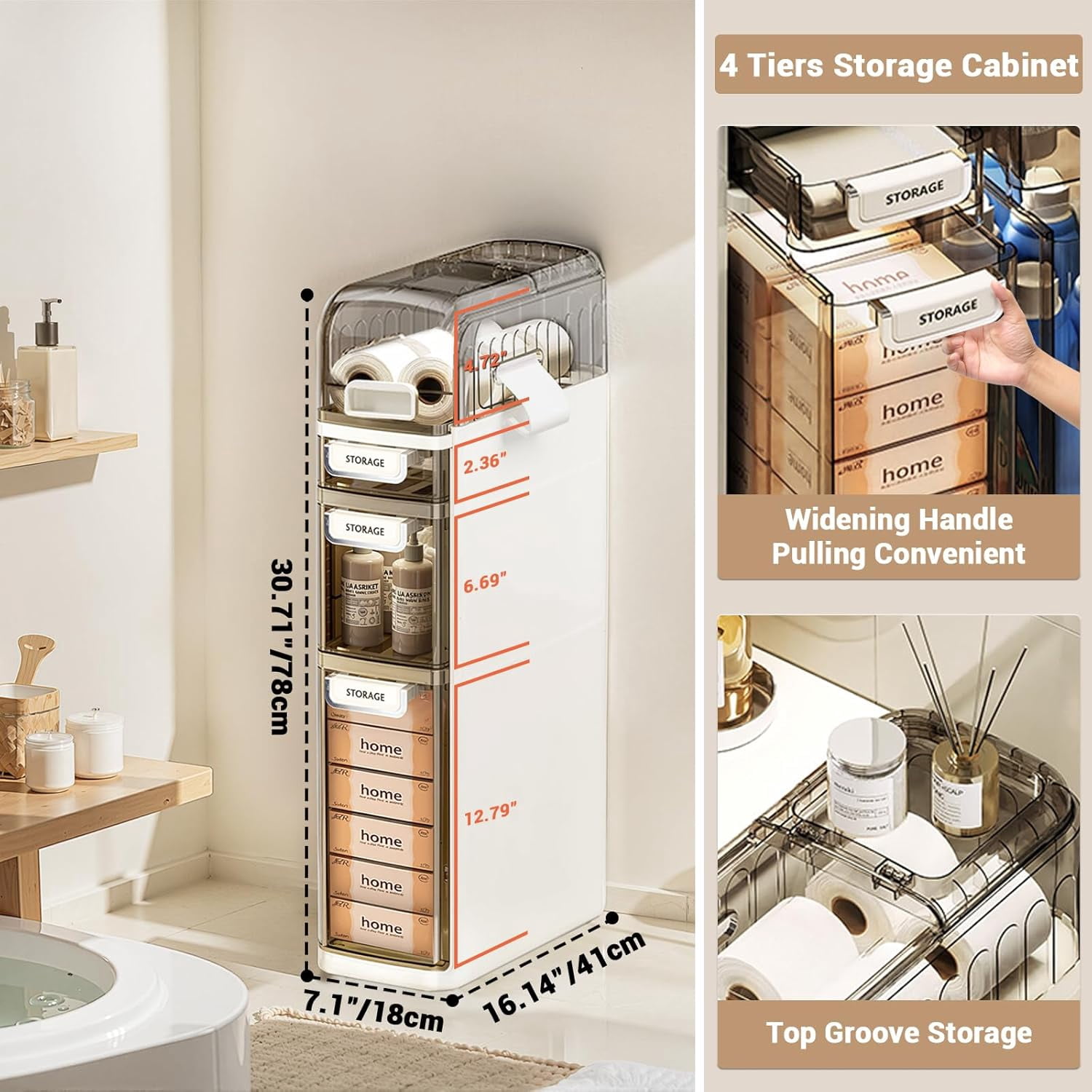 Homhougo 4-Tiers Slim Bathroom Storage Cabinet, Narrow Storage Waterproof Skinny Bathroom Cabinet with Wheels and Toilet Paper Holder for Small Spaces, Bathroom, Kitchen