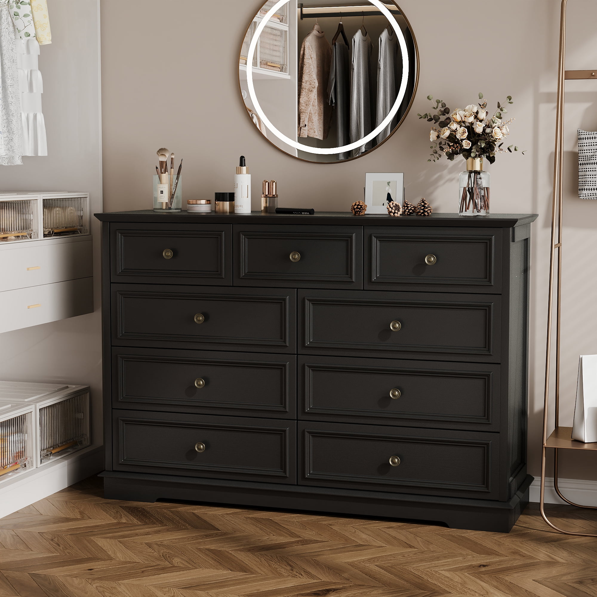 IDEALSOUL Black Dresser, 9 Drawer Dresser with Round Metal Handle, 47.2" Retro Wood Storage Cabinet with 6 large drawer and 2 Small drawer for Living Room, Bedroom, Hallway