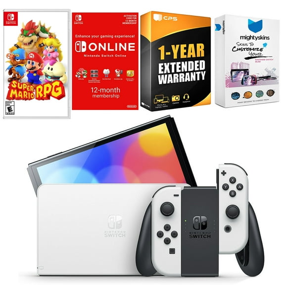 Nintendo Switch White OLED Console with Super Mario RPG , NSO 12 Month Family Membership, MightySkins Console and Controller Skin Voucher, and 1 Year CPS Extended Warranty