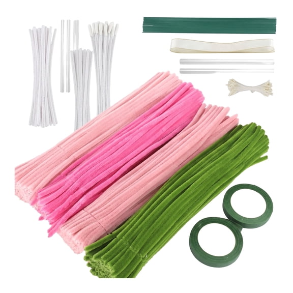Aemutady 400PCS Chenille Stems Craft Kit, 11.81in Pipe Cleaners Bulk in 4 Colors for DIY Flower Making, Includes Floral Wires, Tape, Stamen & Ribbon