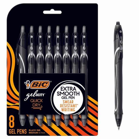 BIC Gelocity Quick Dry Gel Pens, Medium Point, 0.7 mm, Black Ink, 8 Count