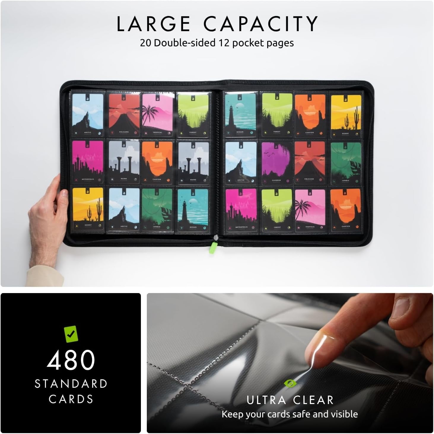 12 Pocket Trading Card Zip Binder, 480 Cards,  Exo-Tec Album Material, 20 Side-Loading Pages, Folder, Sports, TCG (Black)