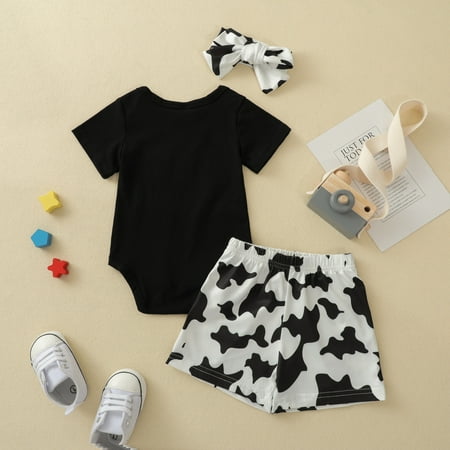 

nsendm Baby Boys Girls Cute Outfit Cow Prints Short Sleeves Romper Shorts Hairband 3pcs Set Outfits 5 Piece Baby Childrenscostume White 18-24 Months