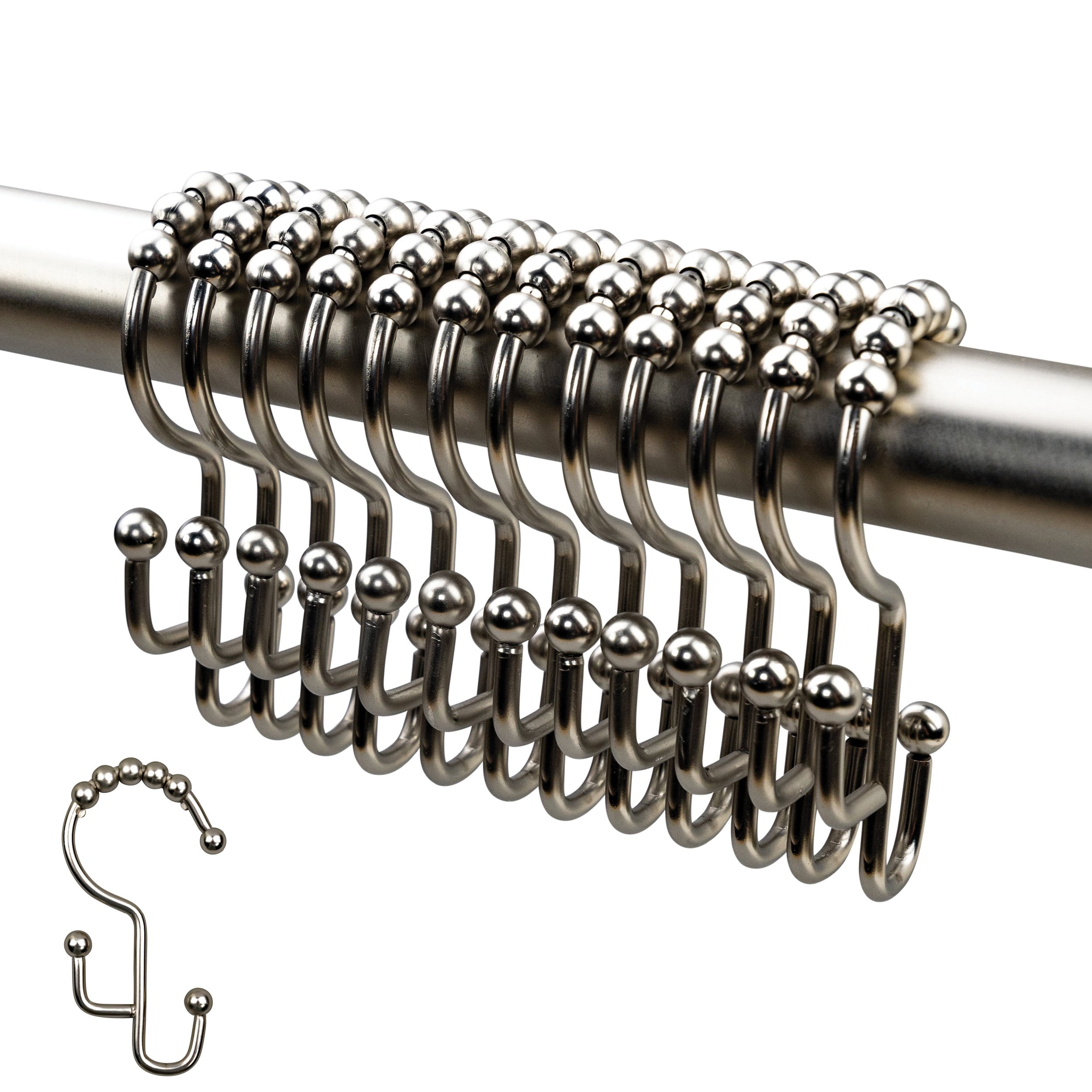 Stepped Brushed Nickel Shower Curtain Hooks Rings Premium 18/8 Stainless Steel Double Hooks