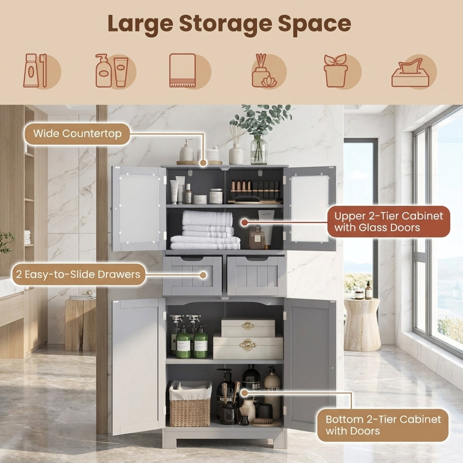 Vebreda Freestanding Bathroom Storage Cabinet, 4 Door Freestanding Bathroom Floor Storage Cabinet with 2 Drawers and Glass Doors