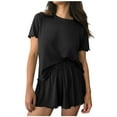 thumbnail image 2 of Womens Pajamas 2 Piece Ribbed Knit Pjs Short Sleeve Sleepwear Set Summer Soft Pajamas Set Casual Lounge Sets Black M, 2 of 8