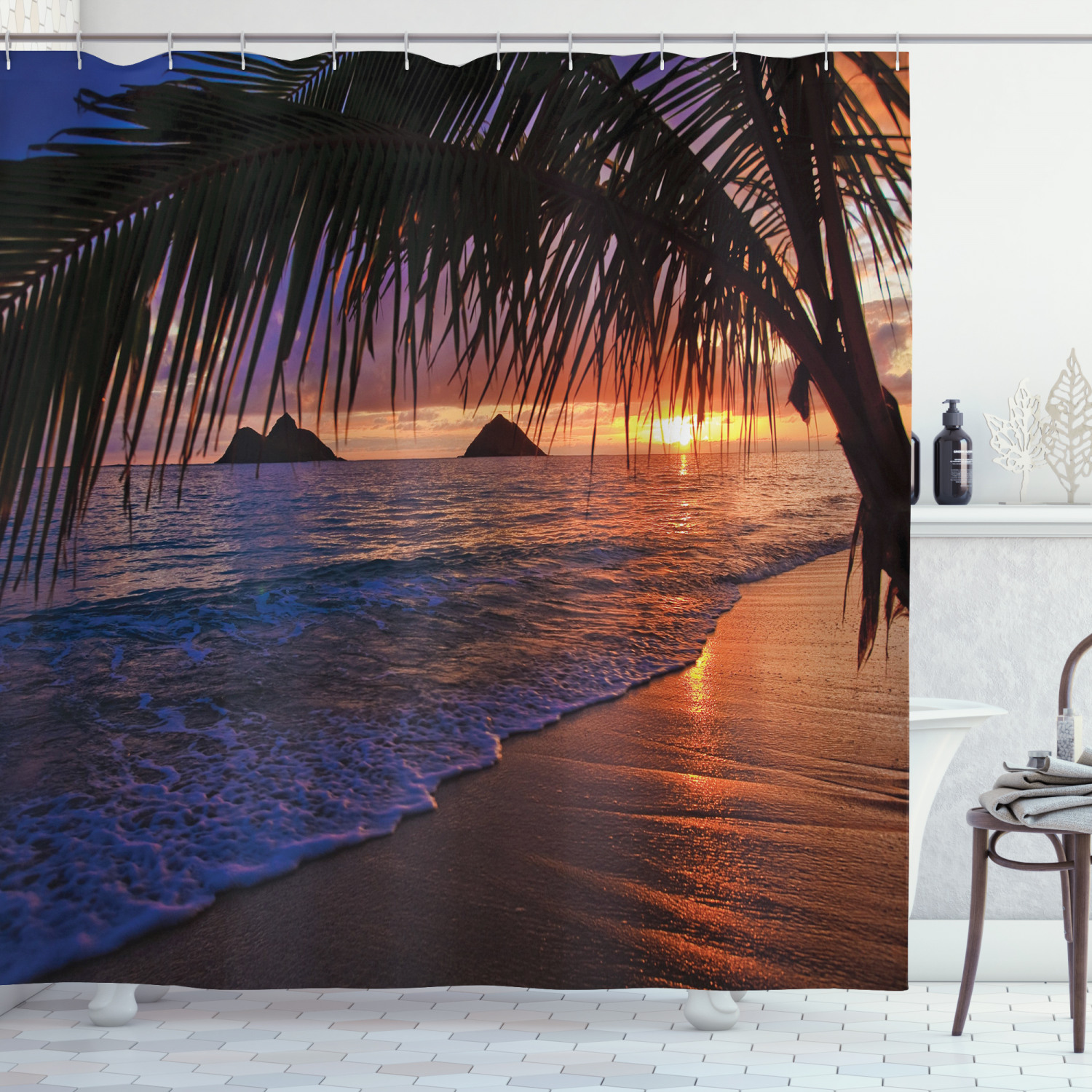 Hawaiian Decorations Shower Curtain Set, Pacific Sunrise At Lanikai