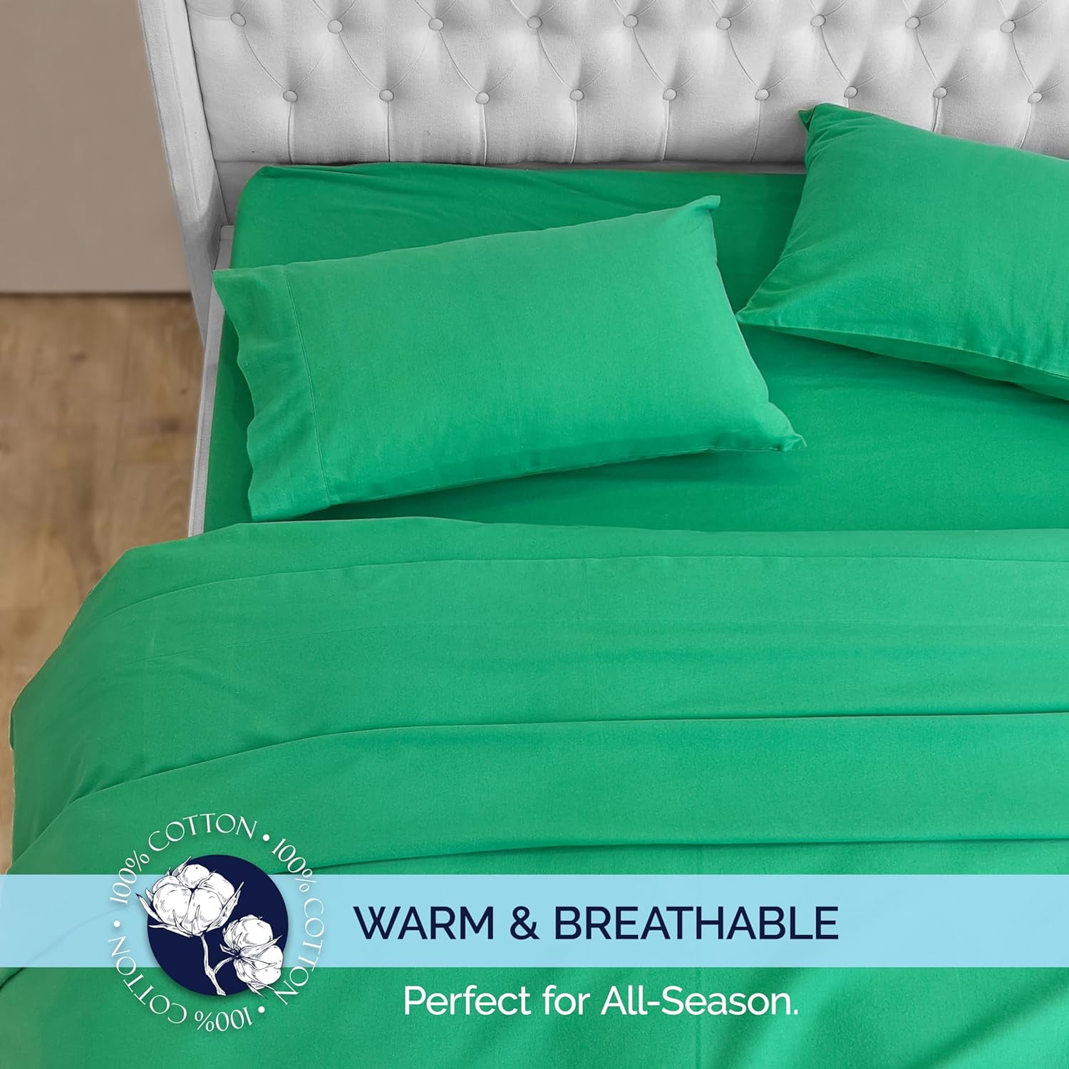 Elegant Comfort Soft 4-Piece Cotton Flannel Sheet Set -Deep Pocket Fitted Sheet, Flannel Sheets - Queen, Emerald Green