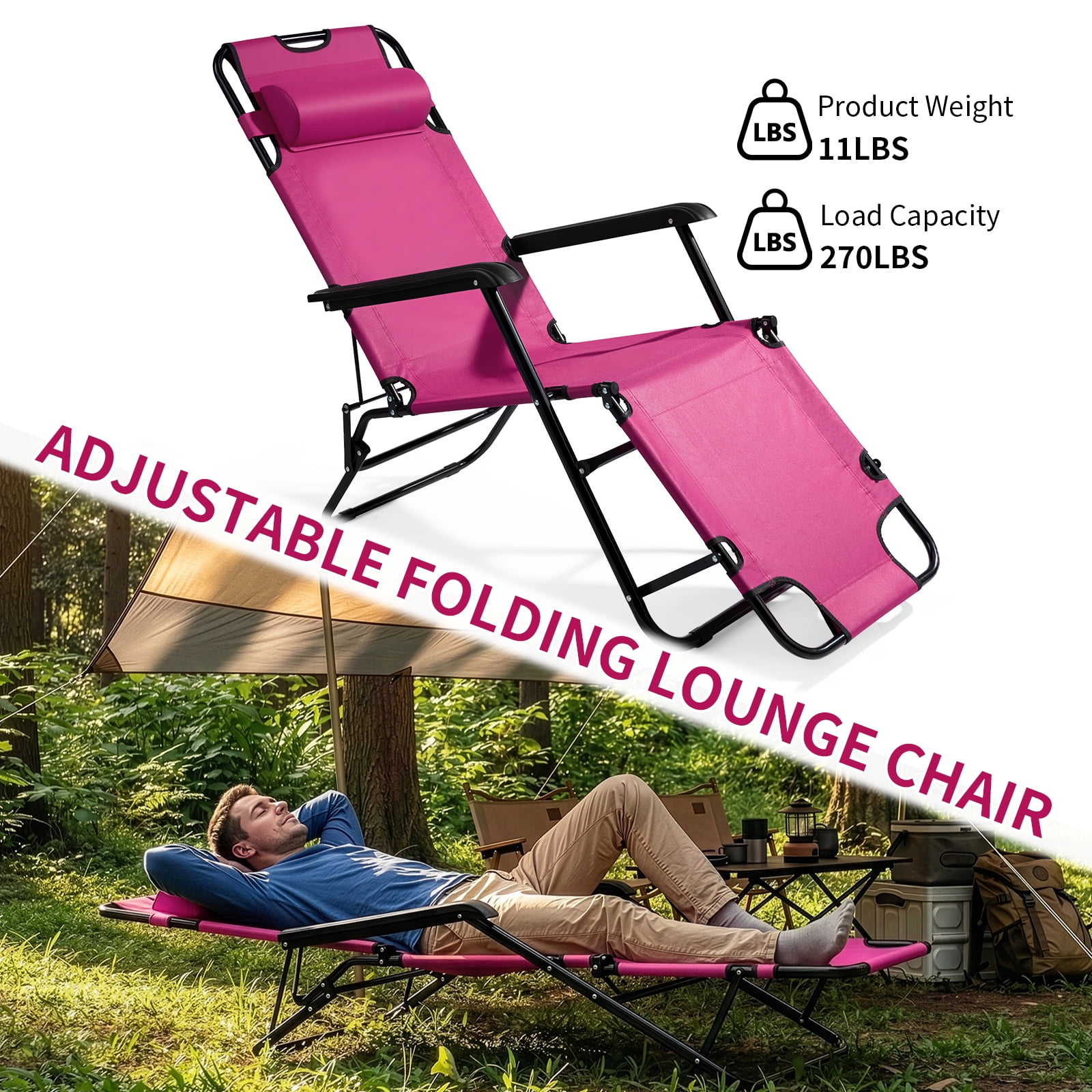 Dual Purpose Folding Recliner Chair, Premium Steel Tube Oxford Fabric Chair, Portable Space Saving Chair, Pink Multifunctional Chair for Indoor Outdoor Daily Use Gift