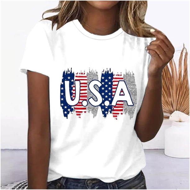Camisetas Fiudx para Mujer Top de Manga Corta Cuello Redondo Estampado Día de La Independencia Verano