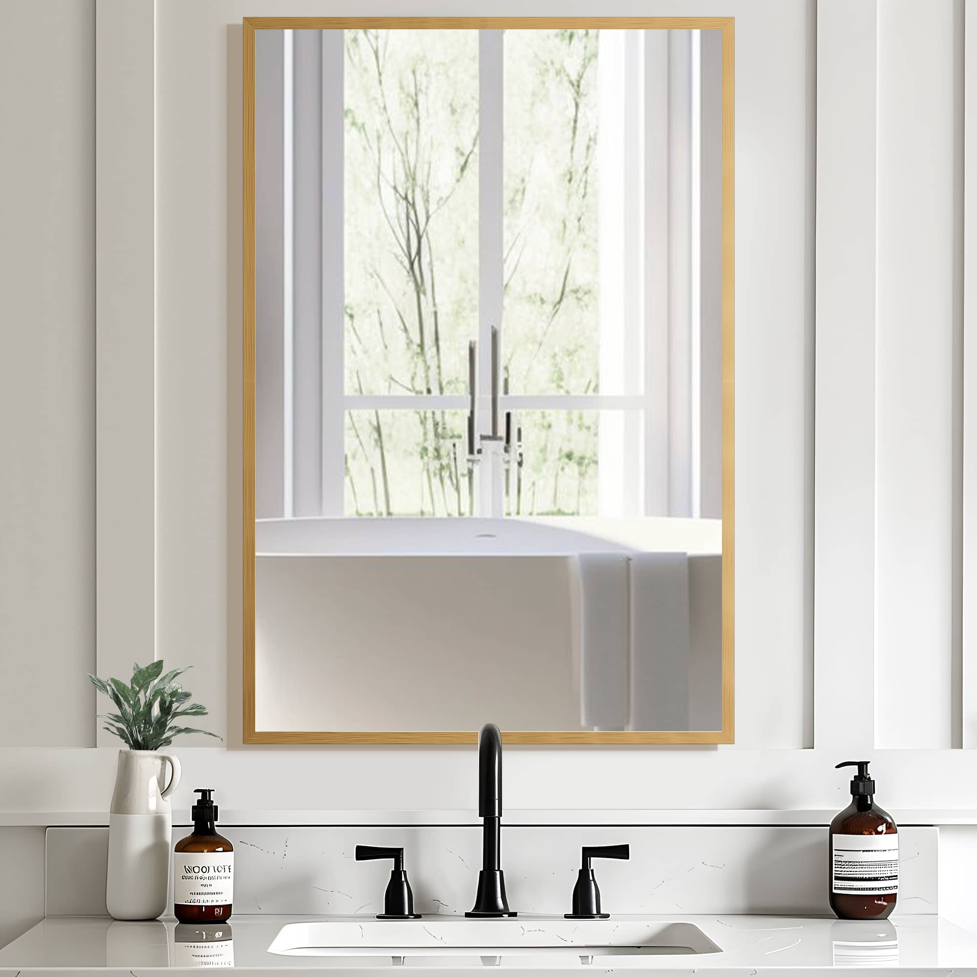 MAYEERTY 36"x24" Aluminum Alloy Rectangular Hanging Mirror, Mid-Century Bathroom Mirror, Gold
