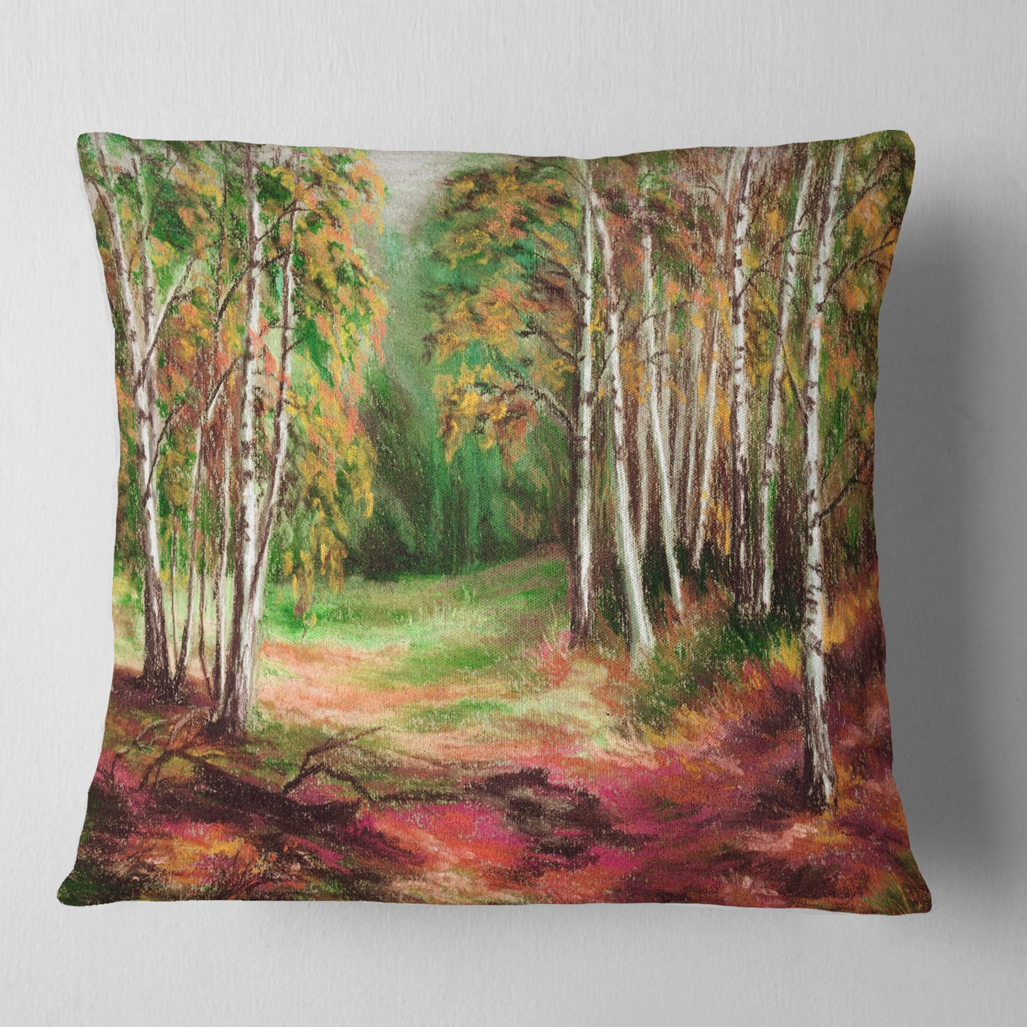 Designart Green Autumn Forest - Landscape Printed Throw Pillow - 18x18