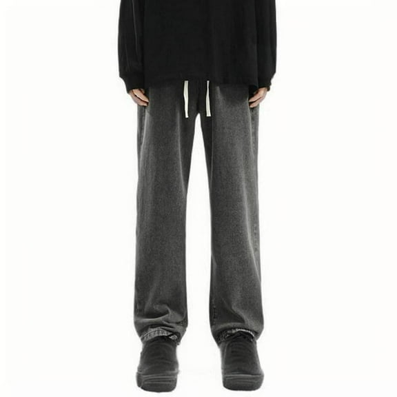 Aueoeo Men's Wide Leg Jean Stretch Straight Leg Fashion Soft Comfoy Waist Pants Elastic Waist Drawstring Baggy Pant