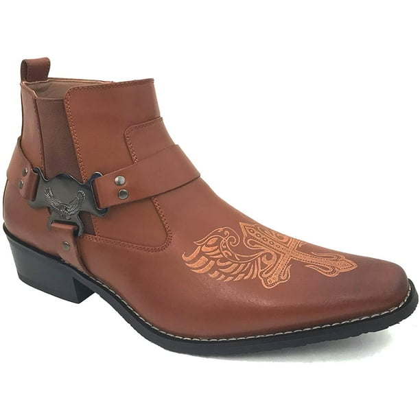 Men's Boots Western Leather Lined Ankle Harness Strap Side Shoes - Walmart.com