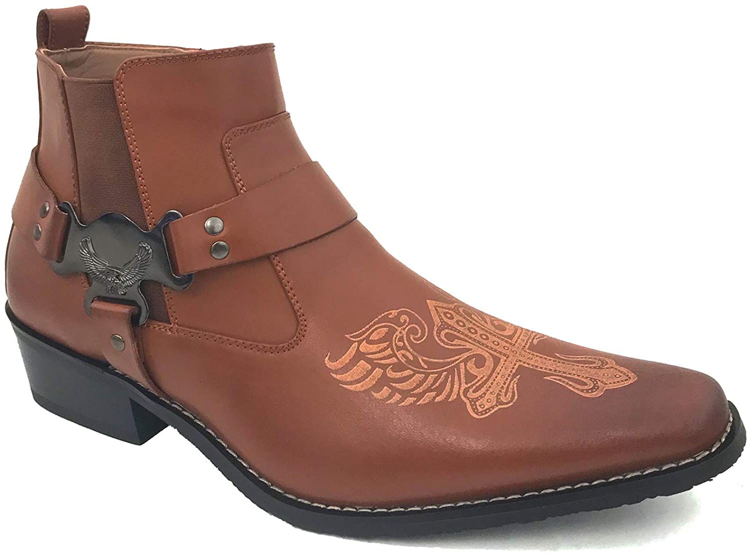 Men's Cowboy Boots Western Leather Lined Ankle Harness Strap Side Zipper Shoes - image 1 of 5