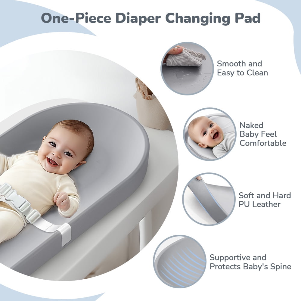 Baby Changing Pad, Caveen Lightweight and Portable Changing Station for Diaper Change and Dresser, with Safety Restraint Belt, Waterproof ,Light Grey