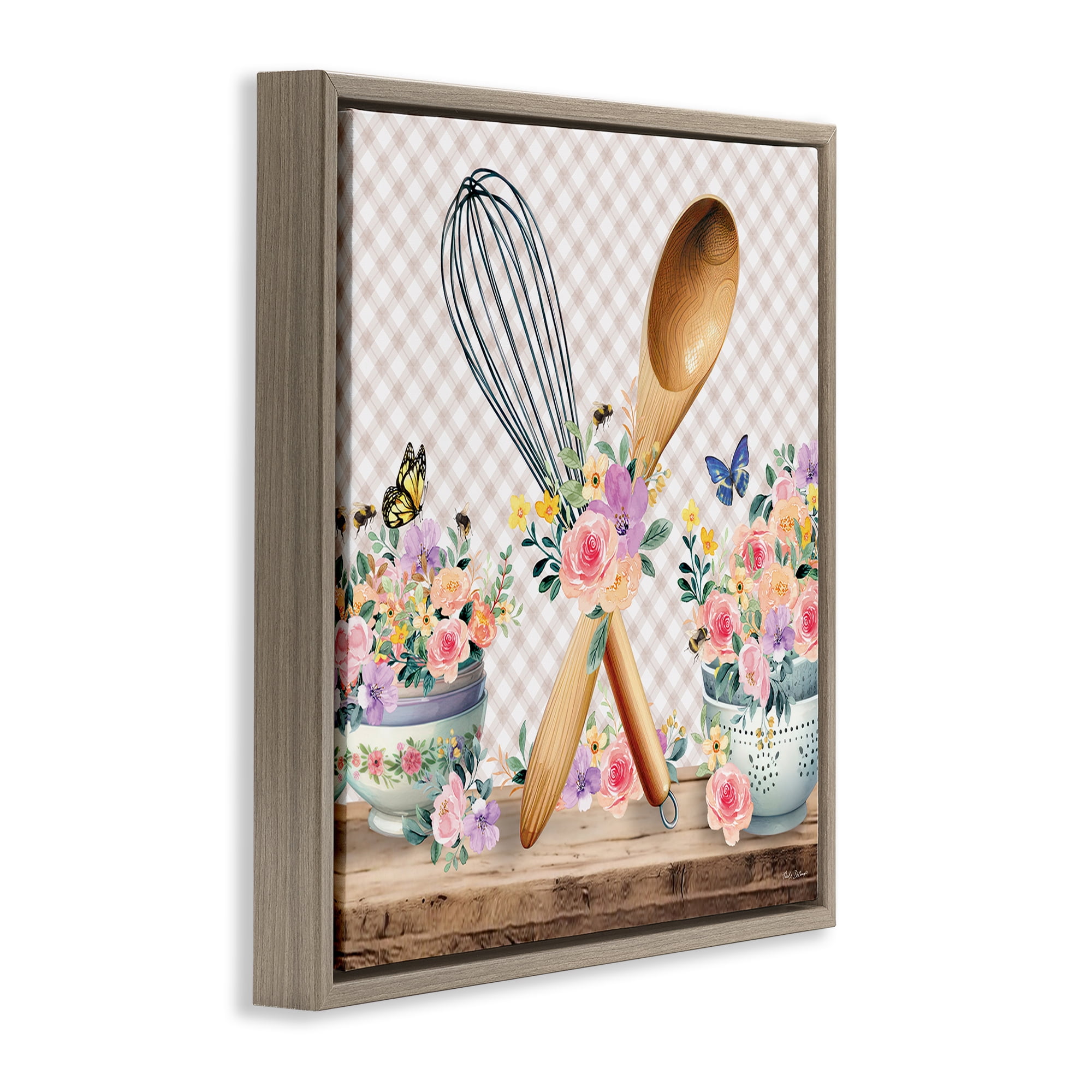 Stupell Industries Crossed Utensils on Gingham Food & Beverage Painting Brown Floater Framed Canvas Art Print Wall Art, 18 x 18