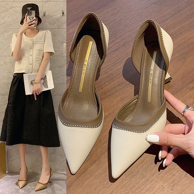 Pointy French Color Matching High Heels for Women Slim Heel Single Shoes Niche Design Sense of Temperament Female Ladies Shoes FGS
