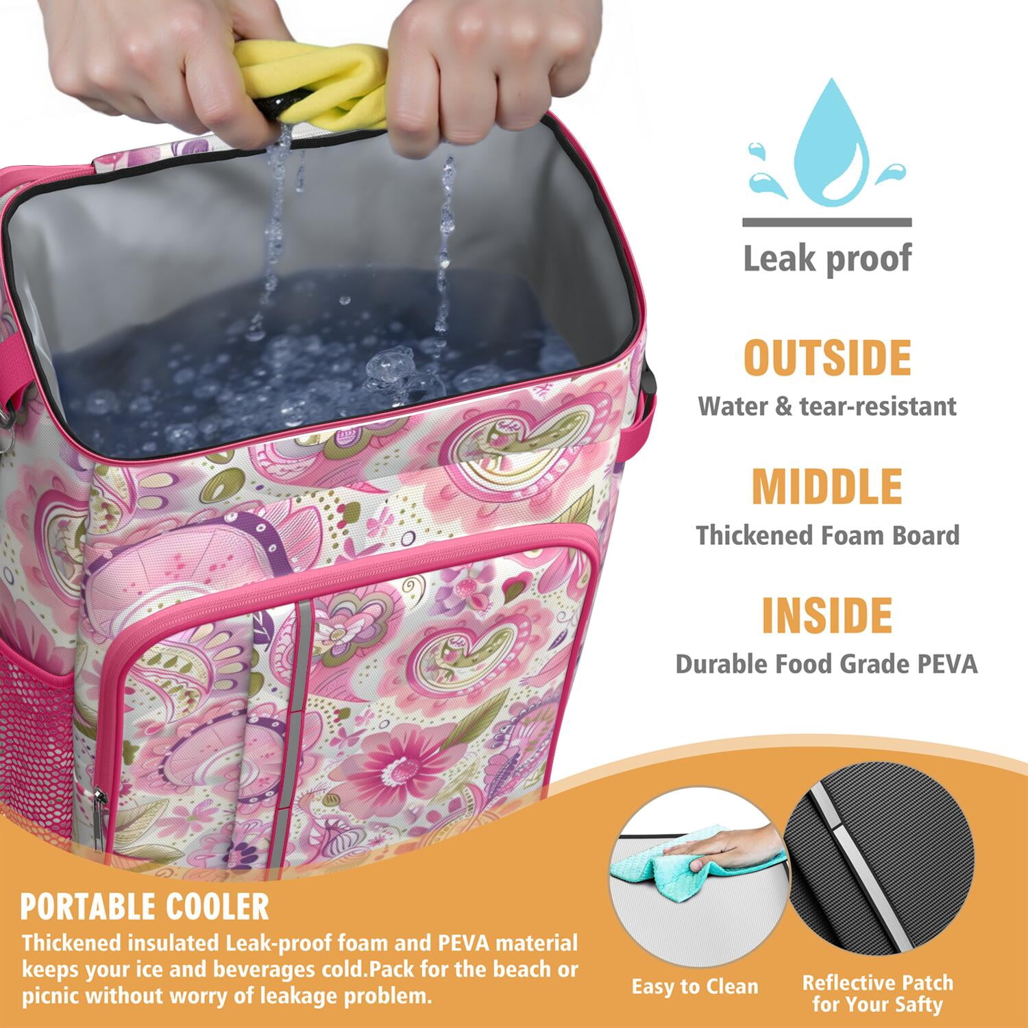 Travel Cooler Bag - Pioneer Flower Floral Print Pattern Camping Beer Cooler Backpack with Bottle Opener- Waterproof Insulated Picnic Backpacks - Cooler Bag for Beach