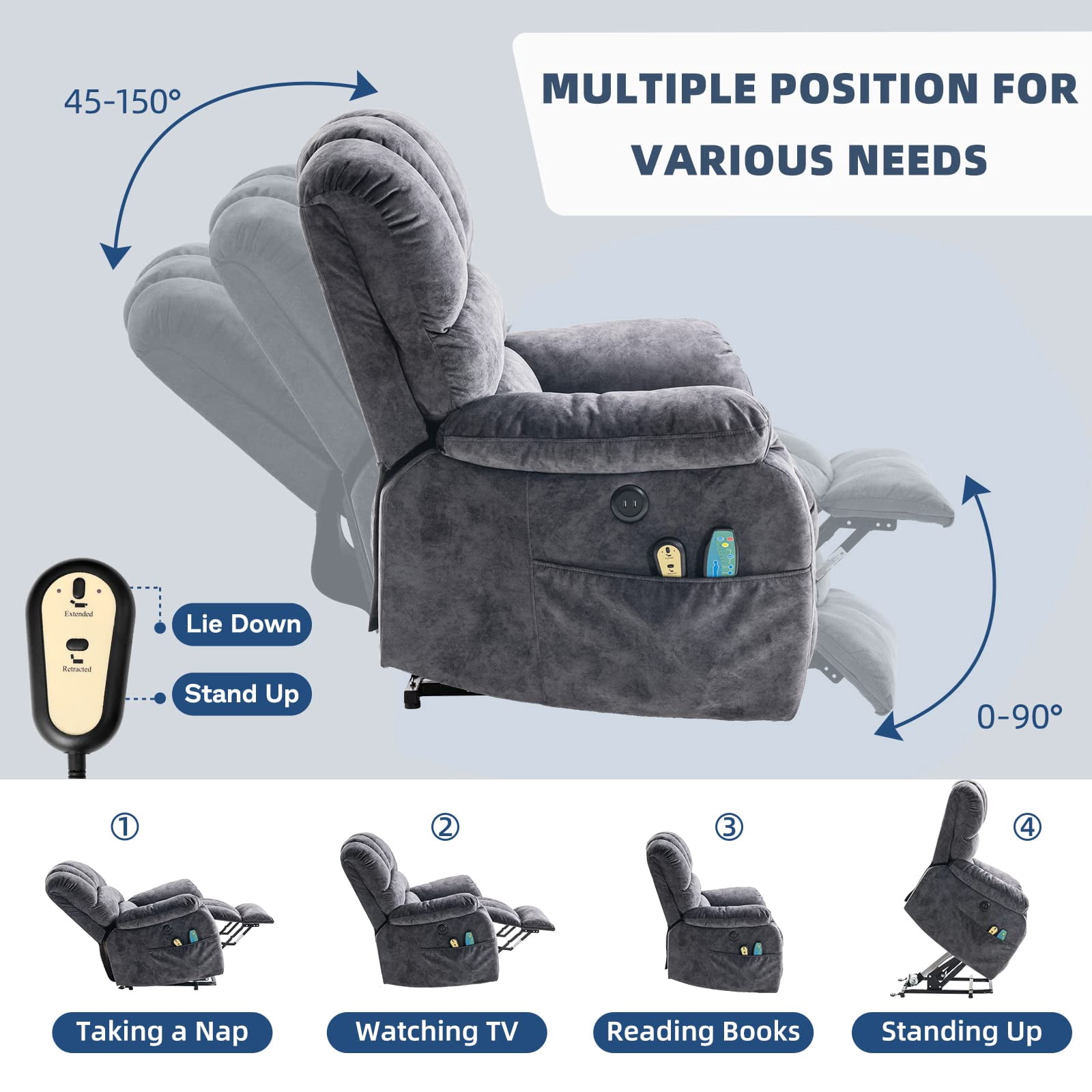 SOCIALCOMFY Large Power Electric Lift Recliner Chair for Elderly Big People, Heated Massage Motorized Reclining Sofa, Wide Fabric Recliners with 2 Remote Controls, Side Pockets & USB Ports, Dark Gray
