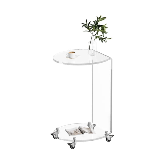 Acrylic Round Side Table with Wheels, Clear C Shaped Sofa Table, Acrylic Rolling Table for Living Room or Bedroom, 13"D x 14.2"W x 22.4"H