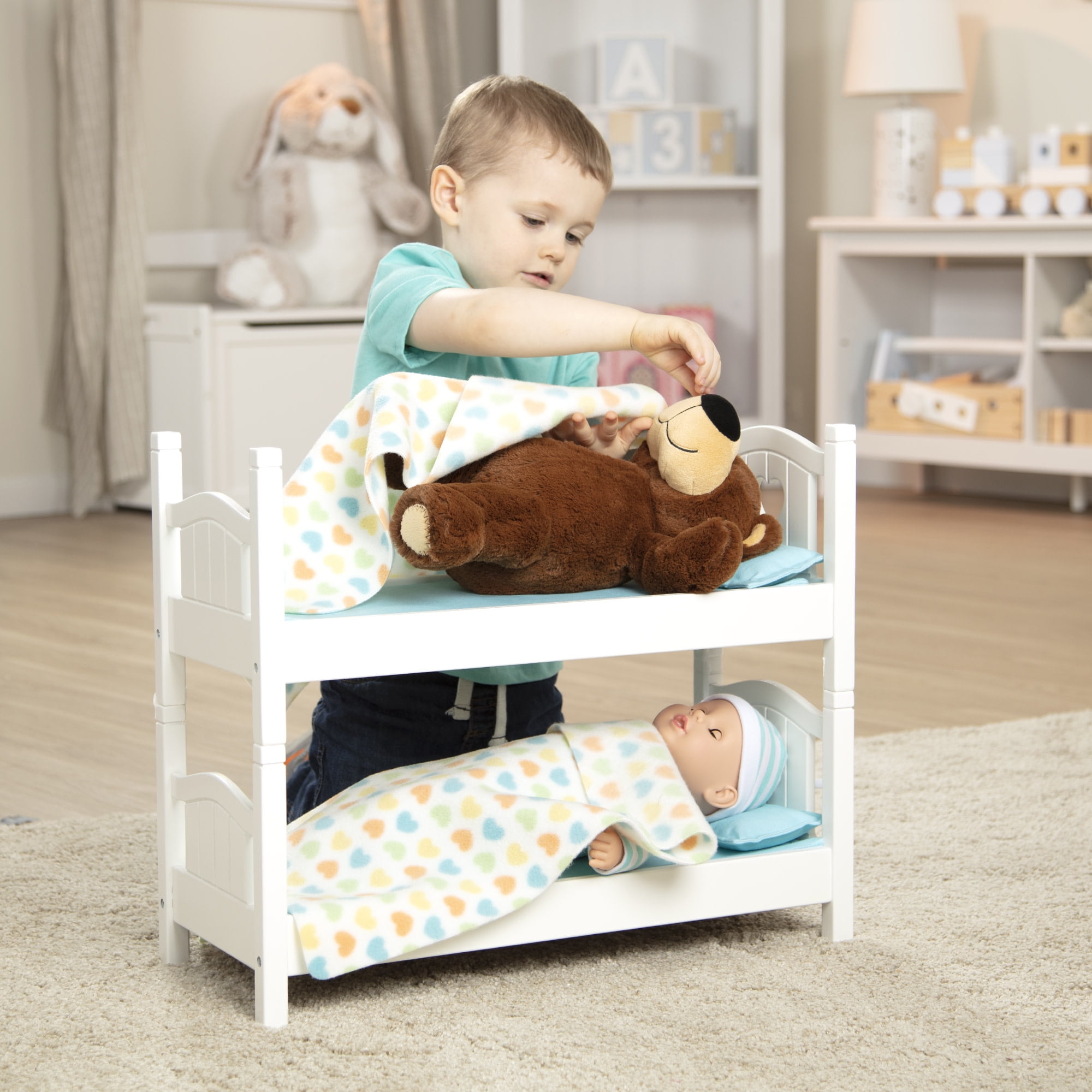 Melissa & Doug Mine to Love Wooden Play Bunk Bed for Dolls, Stuffed Animals - White (2 Beds, 17.4”H x 9.1”W x 20.7”L Assembled and Stacked)