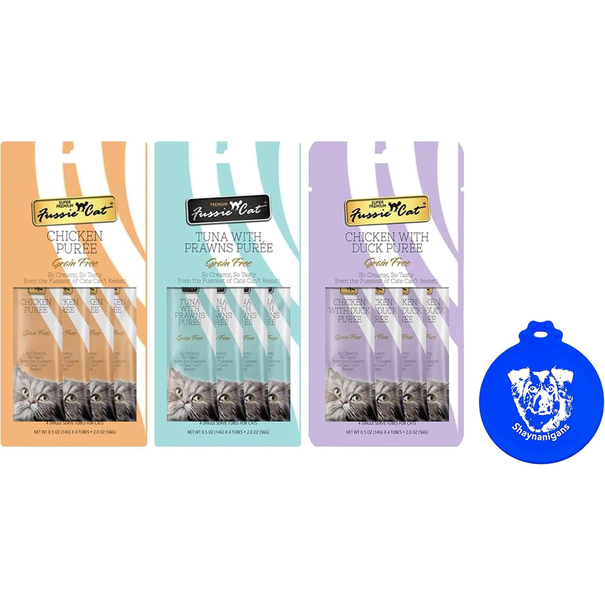 Fussie Cat Puree Grain Free Treat in 3 Flavors: (1) Tuna with Prawns, (1) Chicken with Duck and (1) Chicken (3 Four-Tube Packs, 12 Tubes Total, .5 Ounce per Tube) Plus Silicone Lid