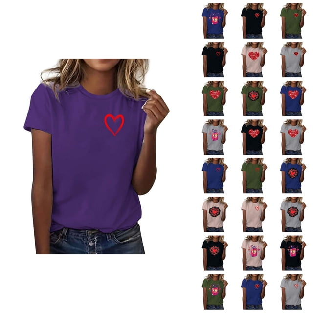 T-shirts de la Saint-Valentin pour Femmes 2026 Mode Manches Courtes Col Rond Cœur Graphique