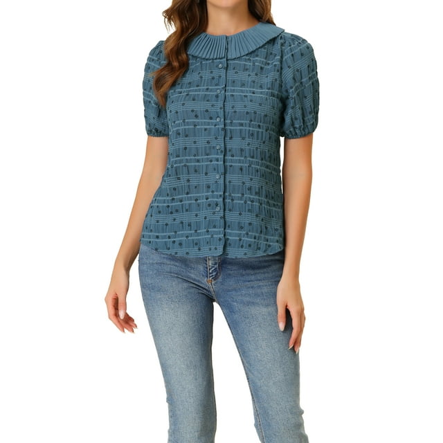 CAMISA DE BOTONES CON CUELLO PLEAT Y MANGAS PUFF FLORAL PARA MUJER INSPIRADA CHIC GRIS AZUL M