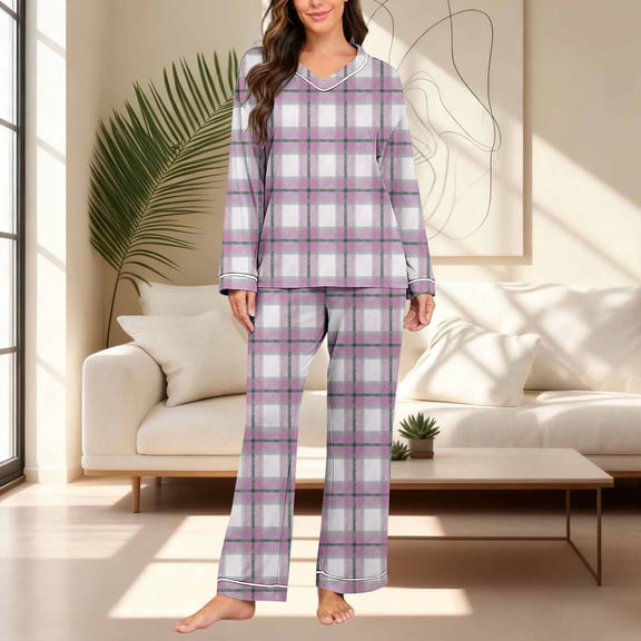 Women's Plaid Pajama Set, 2 Piece Loungewear Outfits V Neck Comfy Sleepwear Fall Long Sleeve Tops and Long Pants New Fall Pajamas for Women Pinky XL