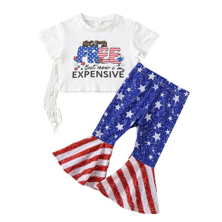 

QYZEU Outfits for School Teen Girls 6 Month Baby Girl Outfit Toddler Kids Girls Short Sleeve Independence Day 4Th Of July Letter Printed Tassels T Shirt Tops Striped Flare Bell Bottomed Pants Outfits
