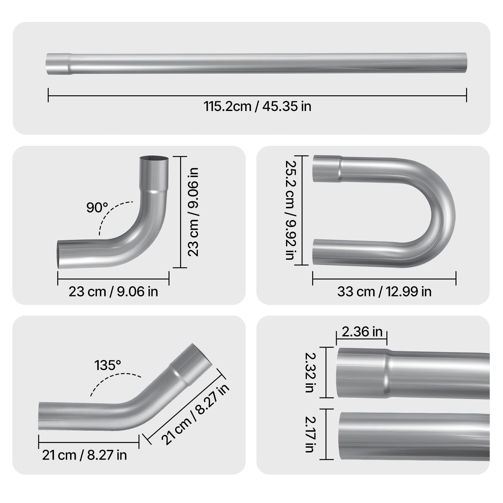 KFFKFF Exhaust Pipe Kit, 8 Pieces 2.25 Inch Mild Steel DIY Custom Tubing with Straight & U-Bend Pipes, 90 & 135 Degree Angles, Galvanized Finish, Compatible with Trucks, Sedans, Sports Cars, SUVs