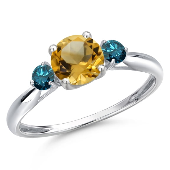 Gem Stone King 10K White Gold Yellow Citrine and Blue Diamond 3-Stone Ring for Women | 1.00 Cttw | Round 6MM | Gemstone November Birthstone | Size 8