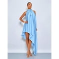 thumbnail image 5 of Blue Glossy Satin Halter Neck Asymmetrical High-Low Maxi Dress, Sleeveless Backless Evening Gown, 5 of 6