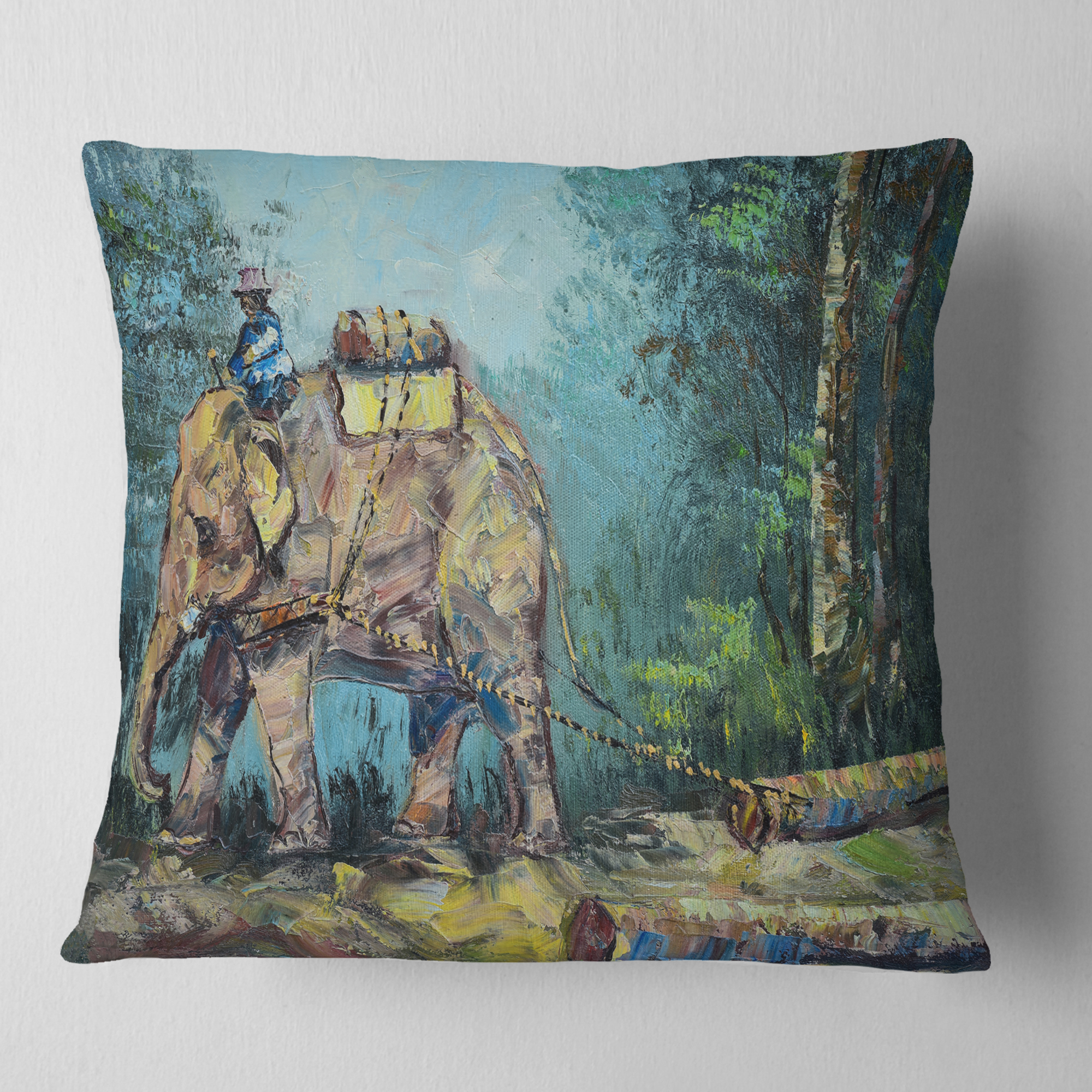 Designart Elephant Dragging Logs - Animal Throw Pillow - 18x18