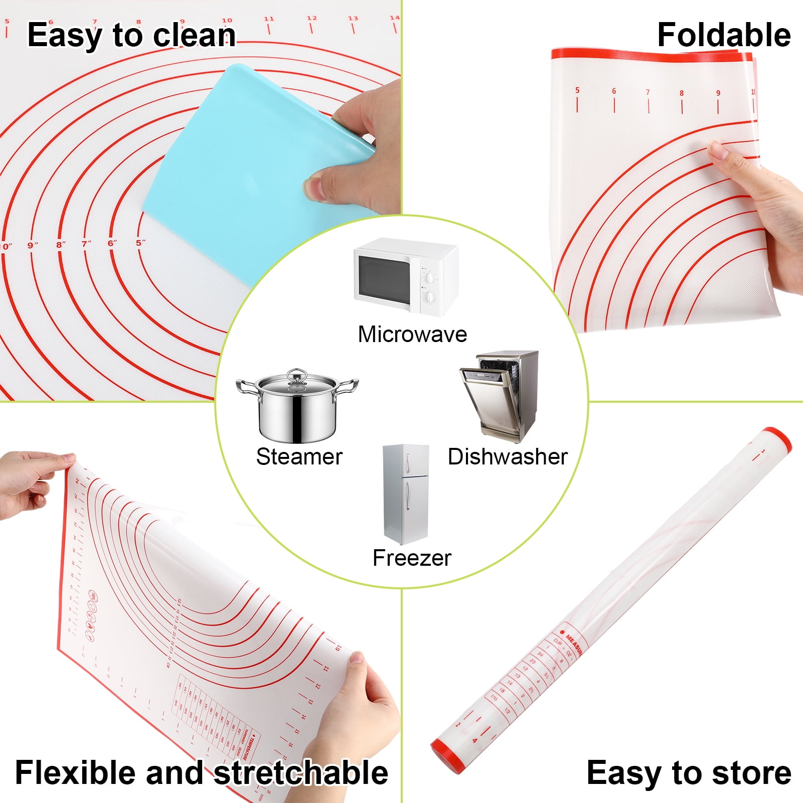 Topekada 17in Adjustable Rolling Pin with Pastry Mat Set, Non-Stick Stainless Steel Roller with Removable Thickness Rings and Baking Mat, Pastry Brush and Bench Scraper for Cooking Pizza Pie Cookies
