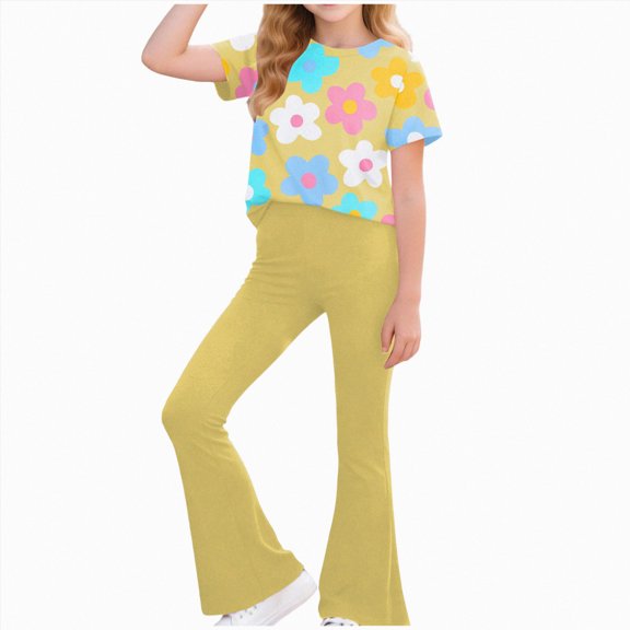 Leey-World Baby Girl Summer Outfits Short Sleeve Floral Tops Shorts Set Infant Clothes(Yellow,11-12 Years)