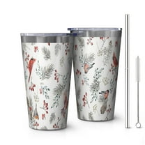 16oz Tumblers White Christmas Bird and Pine Pattern Stainless Steel Vacuum Insulated Double Wall Travel Tumbler Cups Mug with Lid and Straw,Cleaning Brush for Coffee,Tea