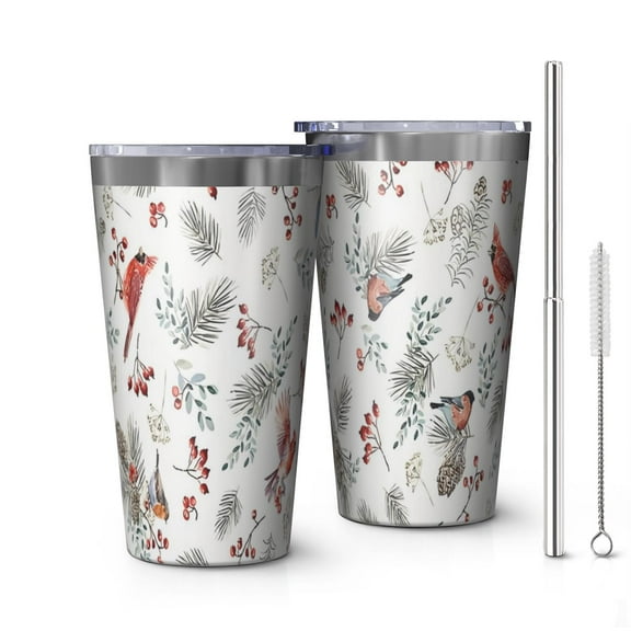 16oz Tumblers White Christmas Bird and Pine Pattern Stainless Steel Vacuum Insulated Double Wall Travel Tumbler Cups Mug with Lid and Straw,Cleaning Brush for Coffee,Tea