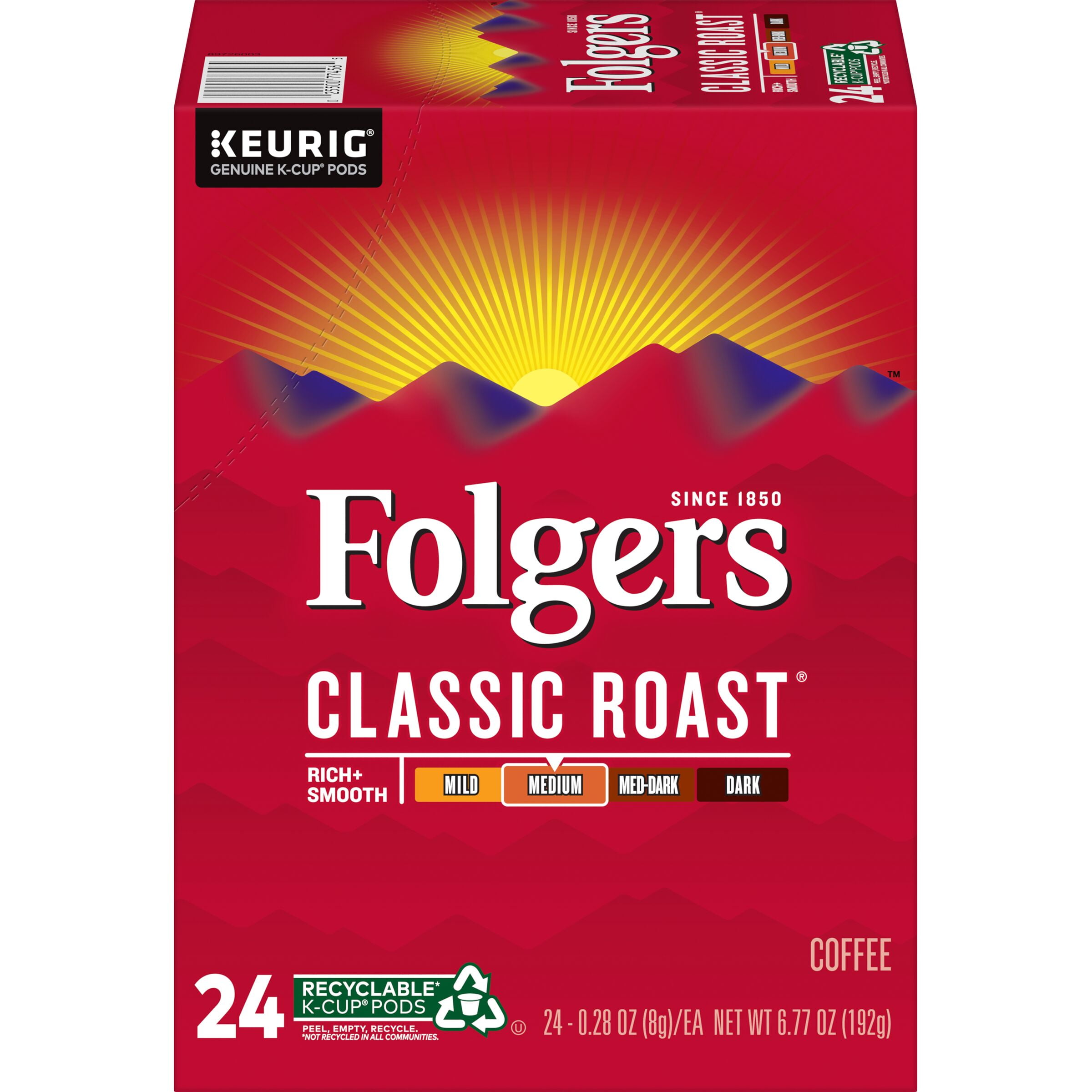 Folgers Classic Roast, Medium Roast Coffee, K-Cup Pods for Keurig K-Cup Brewers, 24-Count
