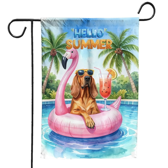 Hello Summer Bloodhound at Swimming Pool Flamingo Swim Ring Garden Flag 12x18in Double Sided Dog Lover Outdoor Decor - 12009