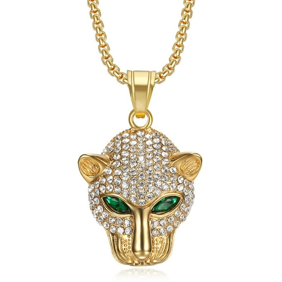 14K Yellow Gold Hip Hop Leopard Panther Bling Iced Out Pendant Collar Chain Necklace for Men Women Gift Fashion Jewelry