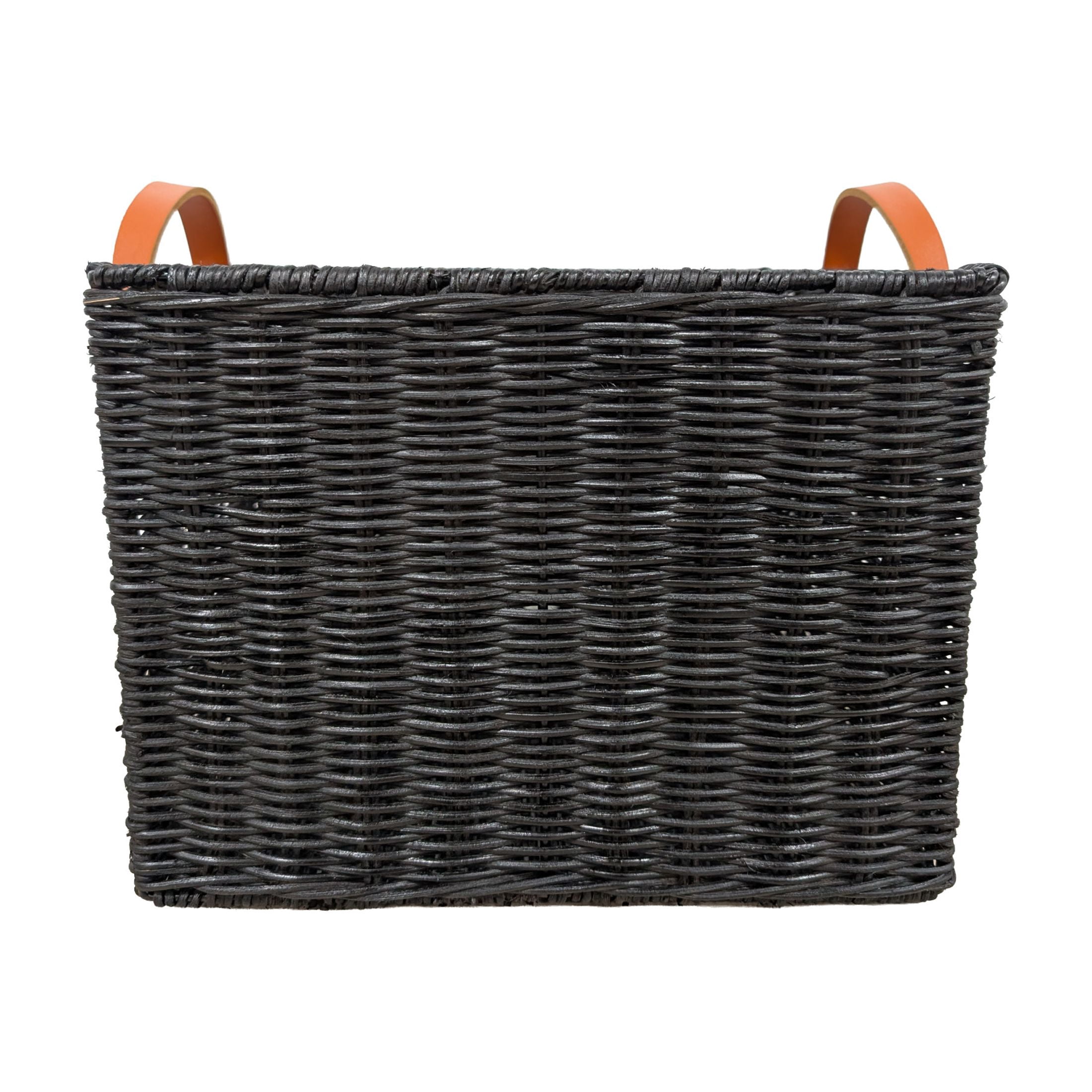 DecMode 12" x 11" Black Rattan Handmade Woven Storage Basket with Brown Leather Handles, 1-Piece