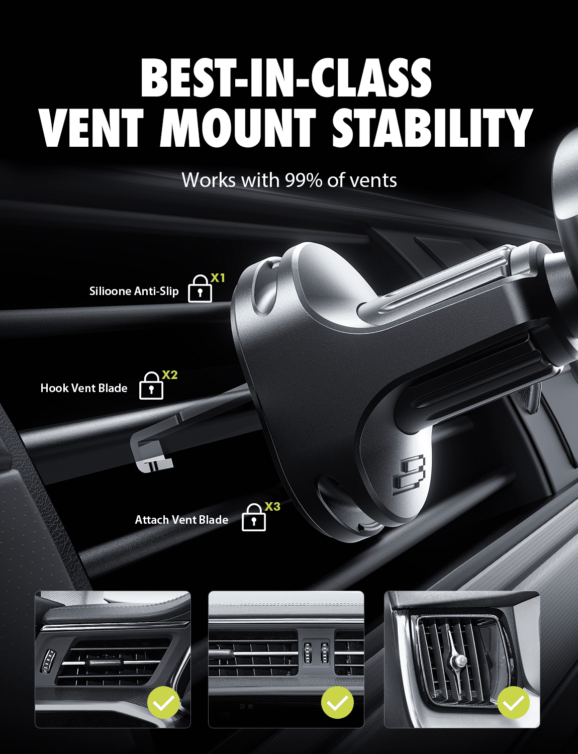 Bracketron AutoGrip Universal Car Vent Phone Mount, One-Hand Lock, Gravity Grip, Fits Phones up to 3.75" Wide